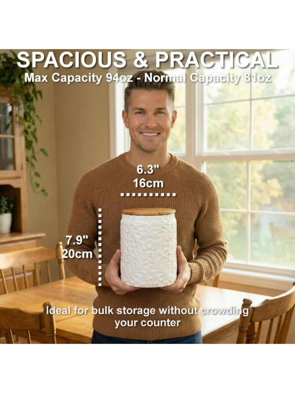XXL 94 Oz Engraved Ceramic Kitchen Canister with Airtight Bamboo Lid - Versatile